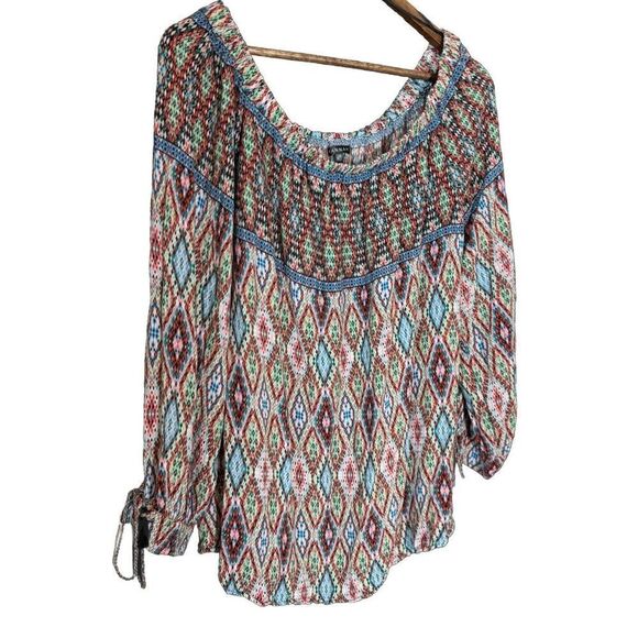 Hannah Geometric Print Blouse Women's Plus Size 2X Hippie Boho Tassel Multicolor - Picture 1 of 5